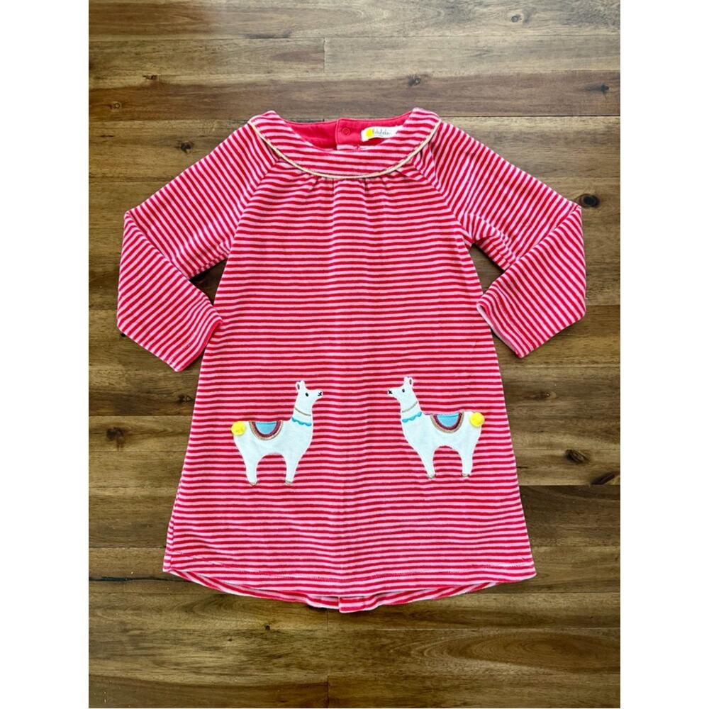 Baby Boden Girls Red Pink Striped Velour Dress with Appliqué Llama Design 3/4